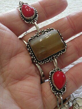 Natural BOTSWANA AGATE & RED CORAL Handmade Sterling 925 Bracelet #668E